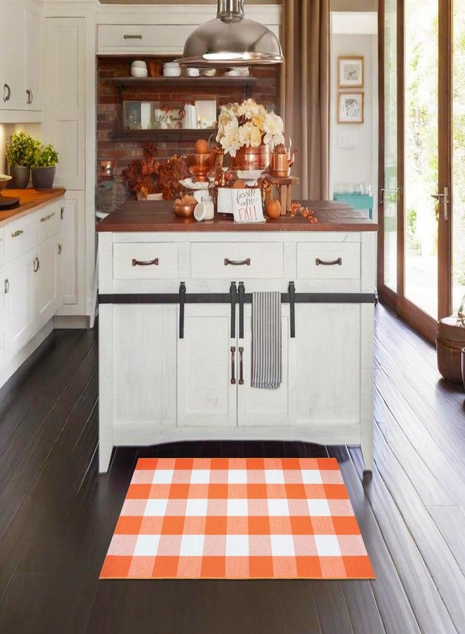Fallovea Fall Orange and White Plaid Rugs, 28''x43'' Area Rug Outdoor Indoor Front Porch Doormat Cotton Hand-Woven Layered Door Mats for Entryway Patio Laundry Bedroom Living Room - Image 3